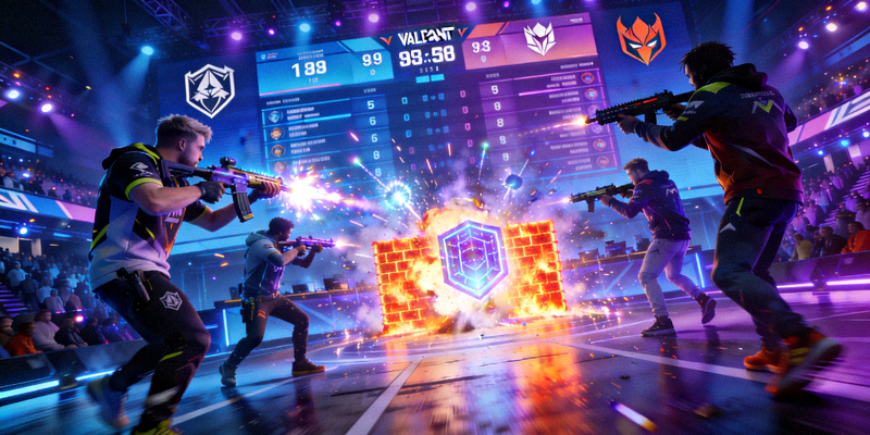 VALORANT冠军赛舞台上选手们激烈交火的瞬间